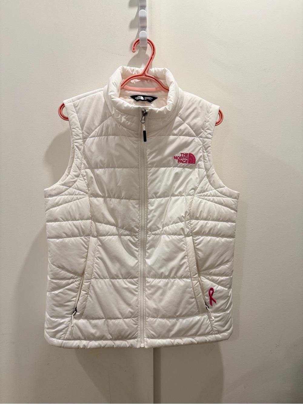 The North Face White Quilted Vest with Pink Logo